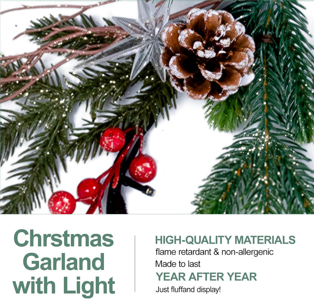 6.5FT Christmas Garland with Star Lights,Prelit Christmas Decorations,Lighted Garland with Battery Operated,Denser Realistic Pine Needles Greenery Home Decor for Mantle Fireplace Table Indoor Outdoor