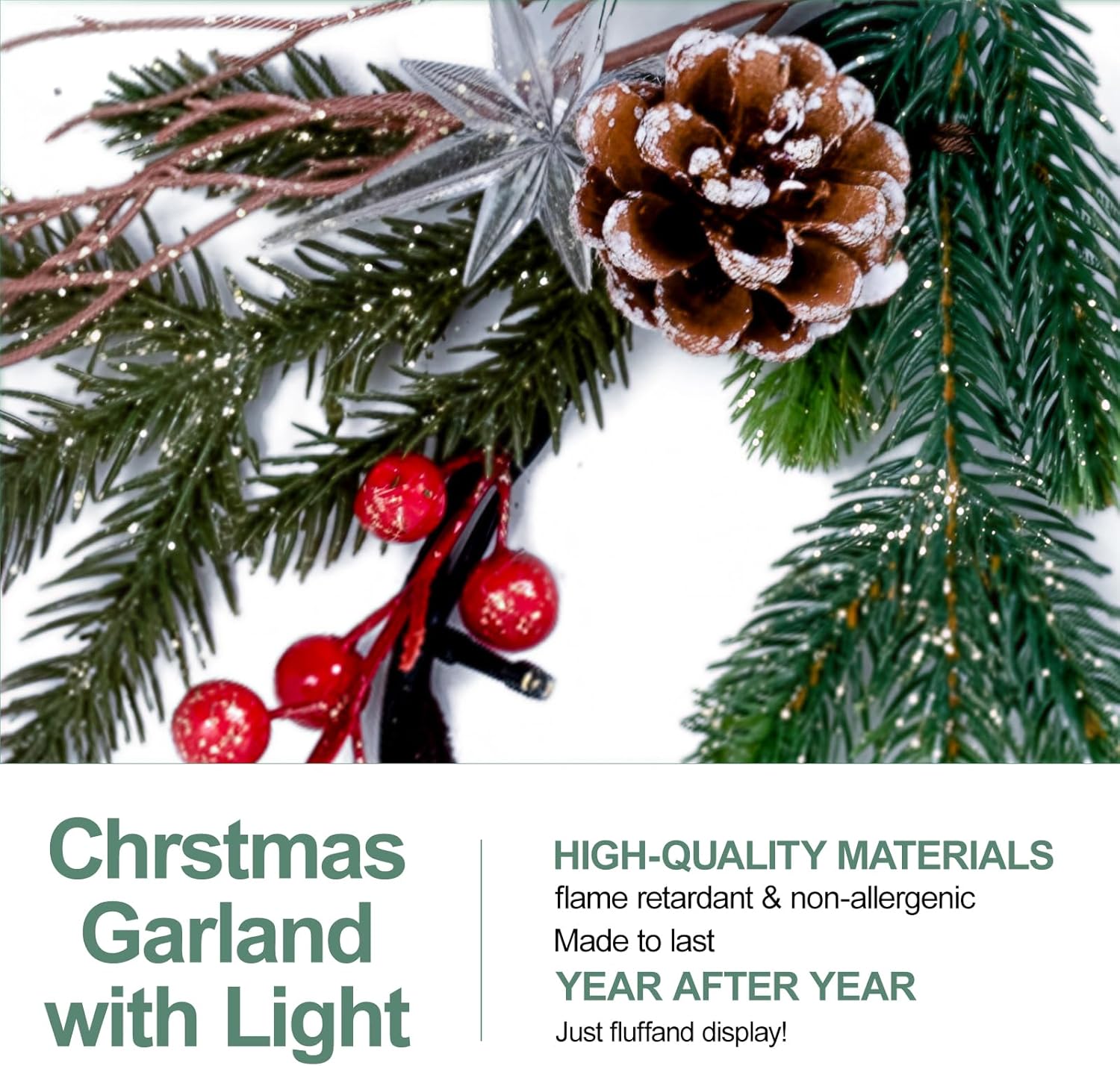 6.5FT Christmas Garland with Star Lights,Prelit Christmas Decorations,Lighted Garland with Battery Operated,Denser Realistic Pine Needles Greenery Home Decor for Mantle Fireplace Table Indoor Outdoor