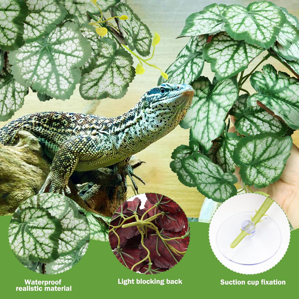 2 Pack Reptile Plants for Terrarium, Artificial Leaves Habitat Decorations with Suction Cups, Terrarium Hanging Plants Vines for Bearded Dragons Lizards Snake Geckos Frogs - Green