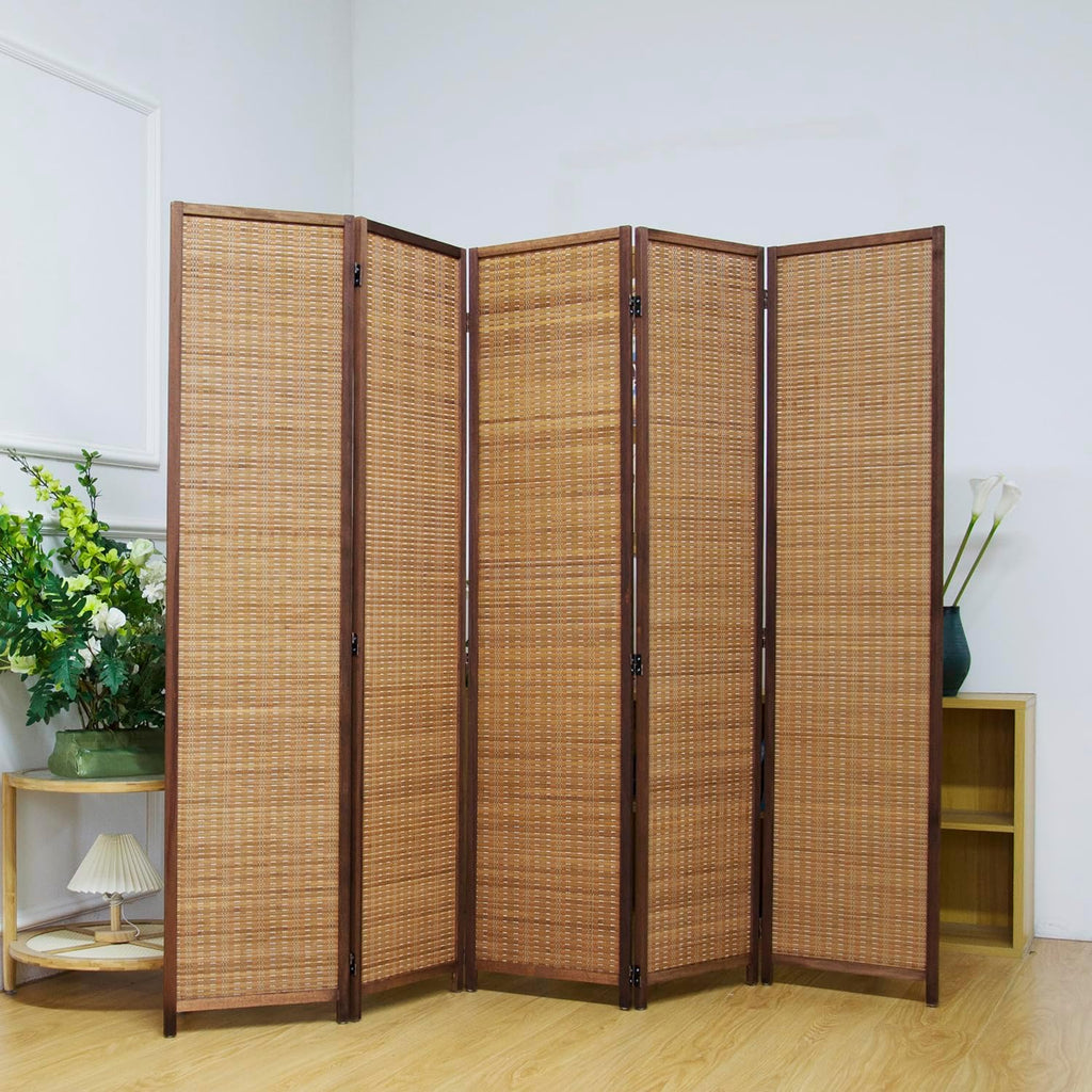 5 Panel Room Divider Screen,5.6 FT Tall Bamboo Divider Folding Privacy Screen,Freestanding Room Divider for Room Seperation,Brown