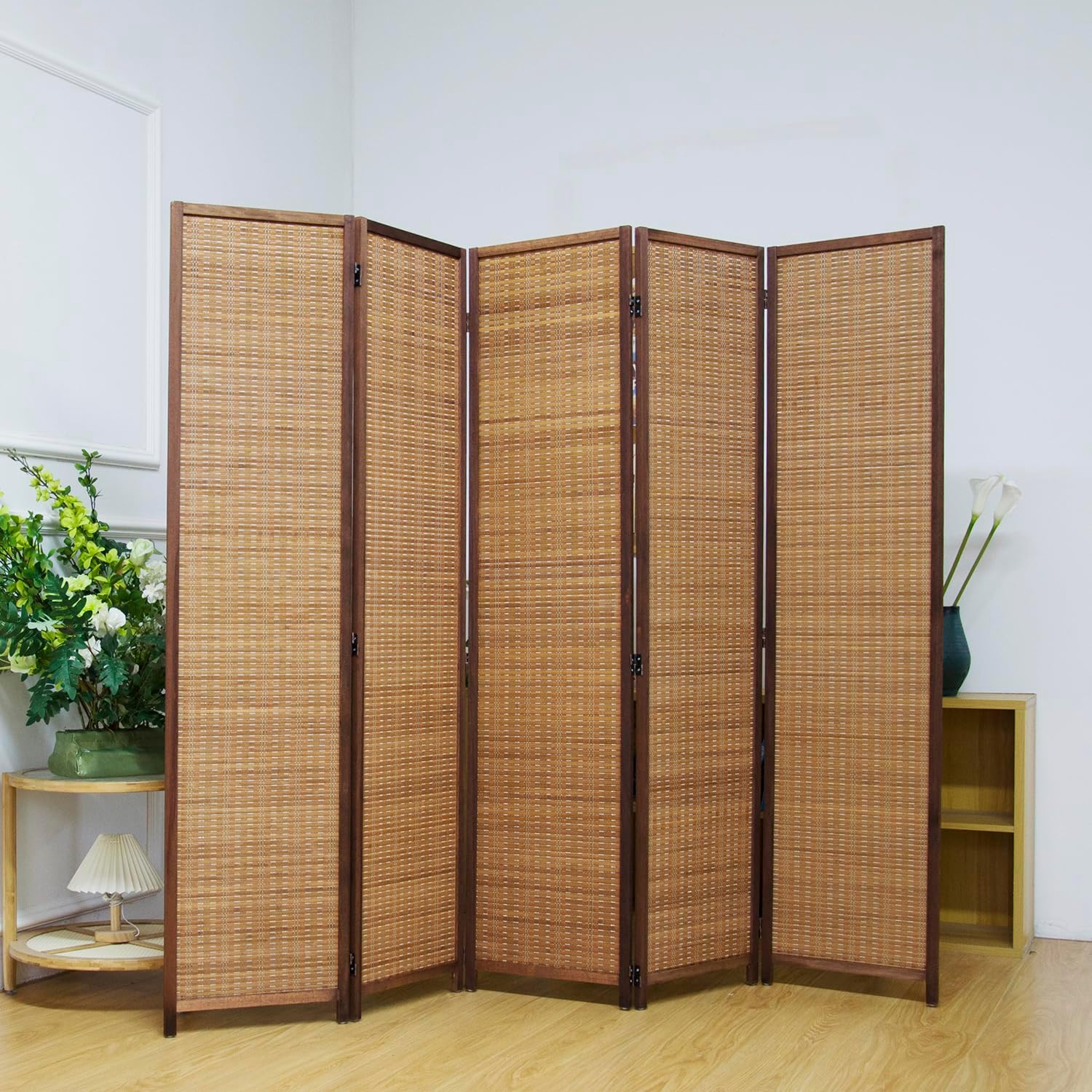 5 Panel Room Divider Screen,5.6 FT Tall Bamboo Divider Folding Privacy Screen,Freestanding Room Divider for Room Seperation,Brown