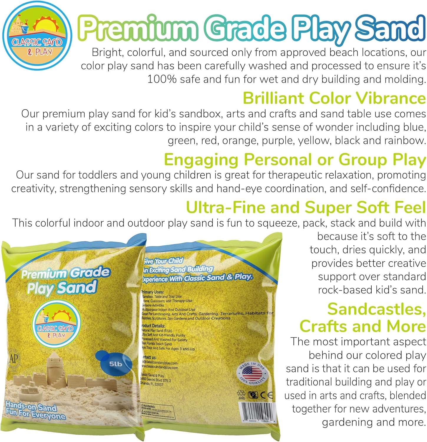Classic Sand and Play Yellow Colored Play Sand, 5 lb. Bag, Natural and Non-Toxic, Fun Wet and Dry Indoor and Outdoor, Sandbox, Therapy, and Table Use, Building, Stimulate Sensory Needs