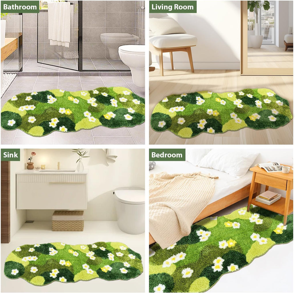 Moss Green Bathroom Rug ,Floral 5 x 2 Ft Runner,Ultra Thick Soft Irregular Shaped Rug,Water Absorbent Non Slip Microfiber Bath Mat For Shower Floor Decor,Aesthetic Trendy Rugs For Bedroom ,63x24 In