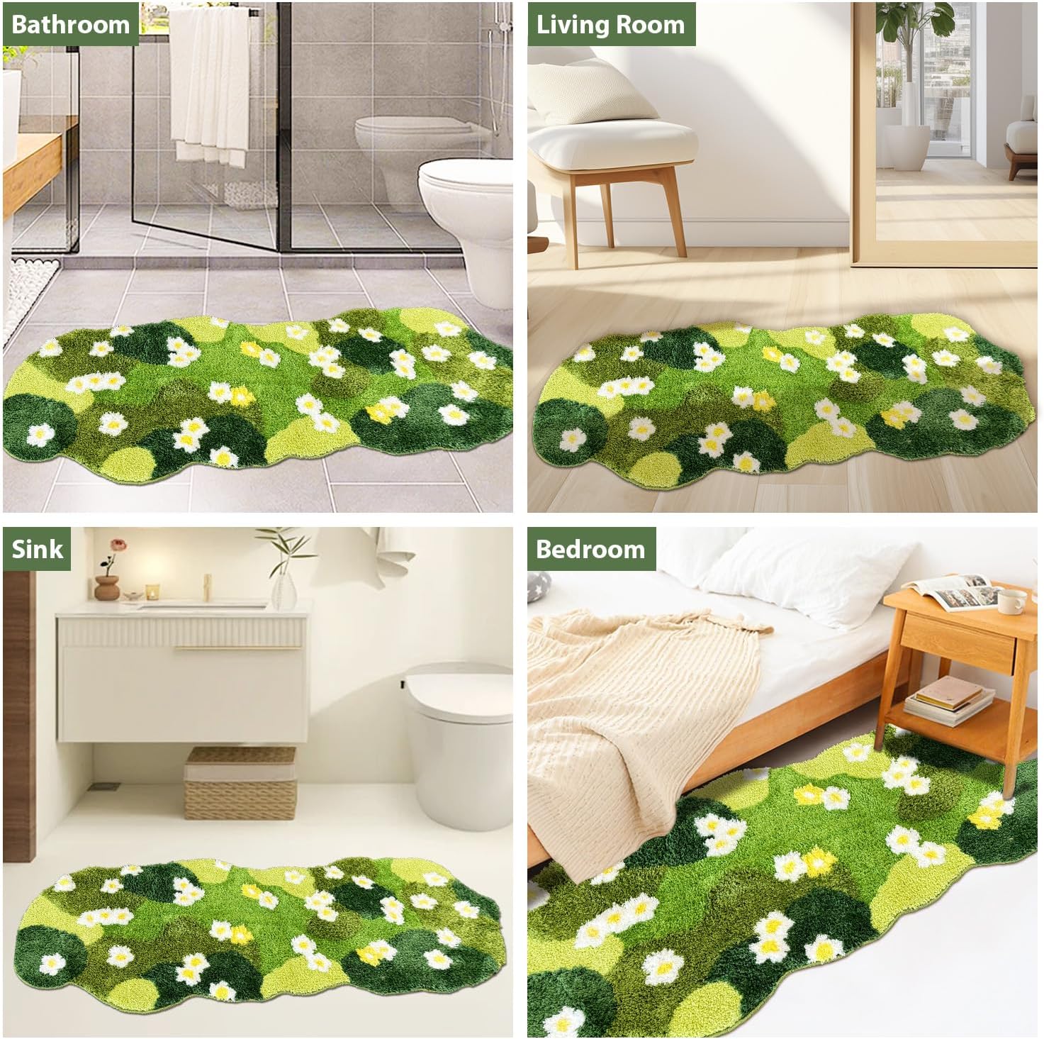 Moss Green Bathroom Rug ,Floral 5 x 2 Ft Runner,Ultra Thick Soft Irregular Shaped Rug,Water Absorbent Non Slip Microfiber Bath Mat For Shower Floor Decor,Aesthetic Trendy Rugs For Bedroom ,63x24 In