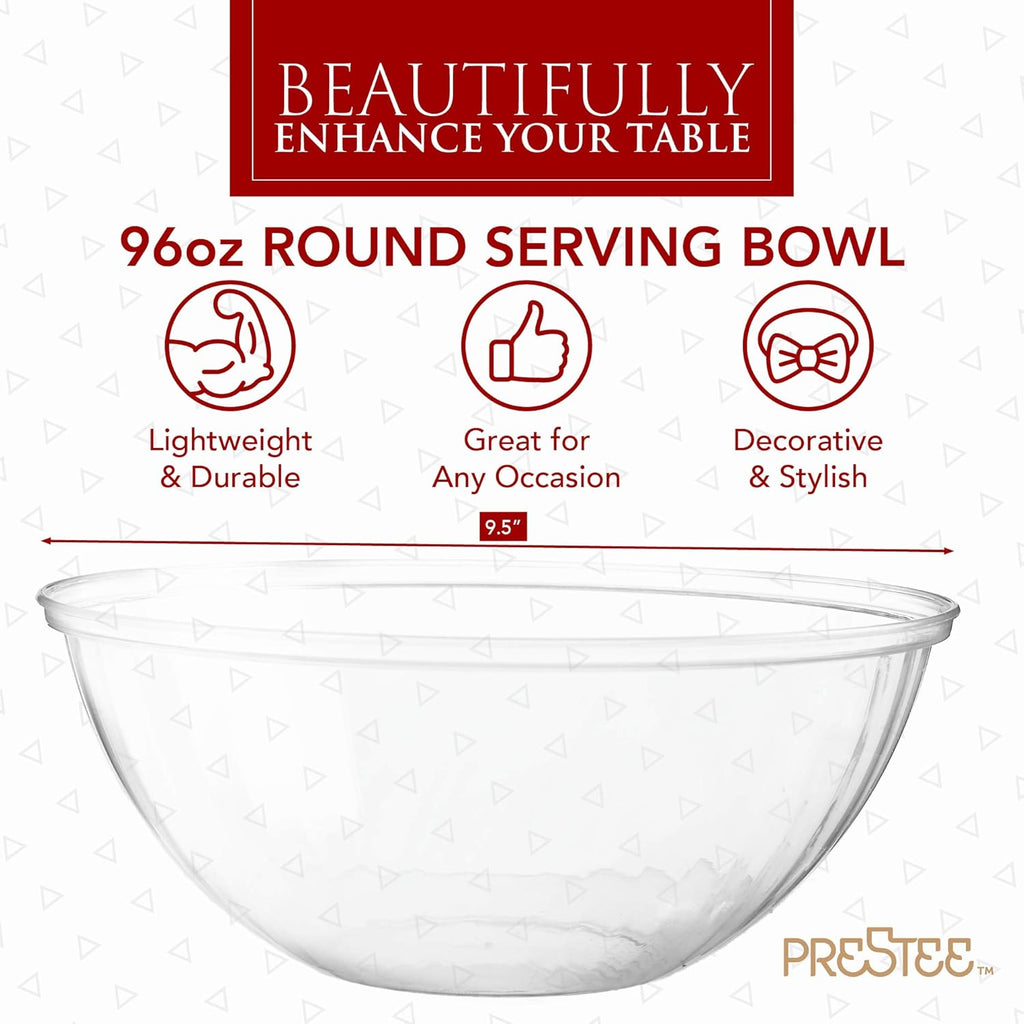 Prestee Clear Plastic Serving Bowls, 96 Oz. 6 Pack - Round Disposable Large Plastic Bowl, Punch, Party, Chip Bowl Containers for Candy, Salads, Parties, and Serving Food - Salad Bowls Dish for Eating