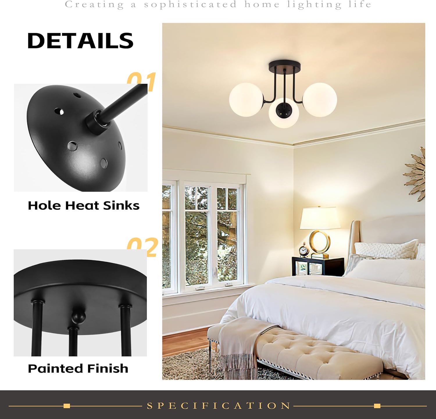KoKo&Yukina 3-Light Semi Flush Mount Ceiling Light Globe Lights Mid Century Ceiling Light with Opal Milk Glass Globe & Matte Black for Bedroom Hallway Entryway Kitchen Living Room (Bulb Incl.)