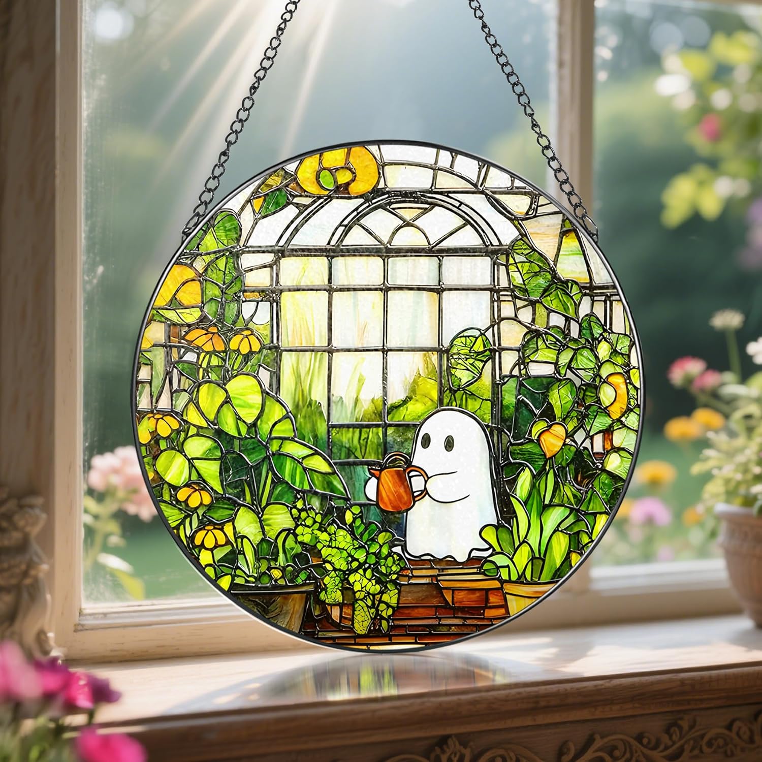 8'' Halloween Ghost Greenhouse Sun Catcher Ornament, Stained Glass Window Hanging, Sun Catchers for Windows Hanging Ornaments, Window Decor, Holiday Present, Ideal Gift | Plant Lovers Gifts
