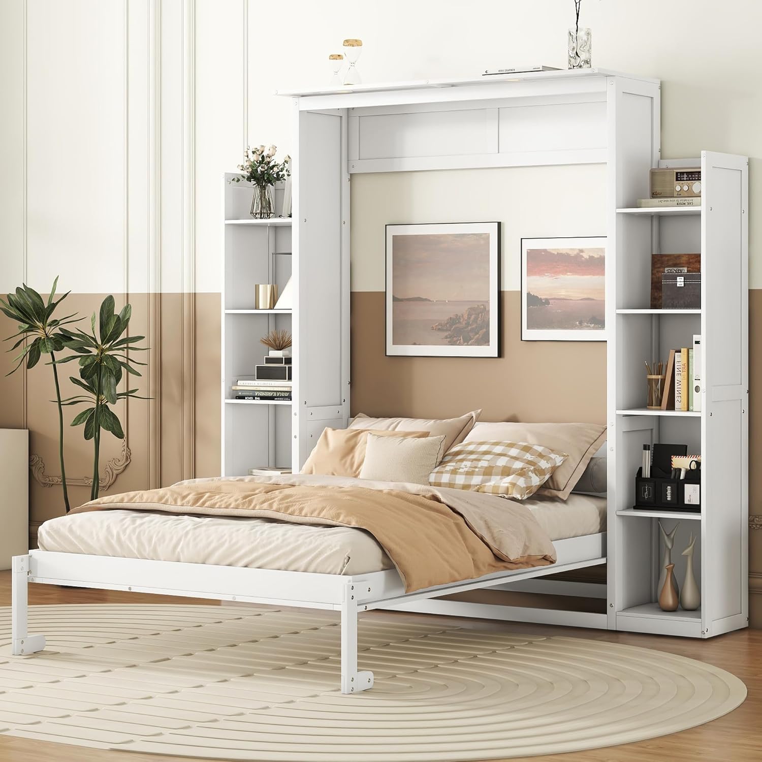 Queen Murphy Bed with Storage Shelves and LED Lights, Wood White Murphy Wall Bed Cabinet with Bookcase Bookshelf for Adults