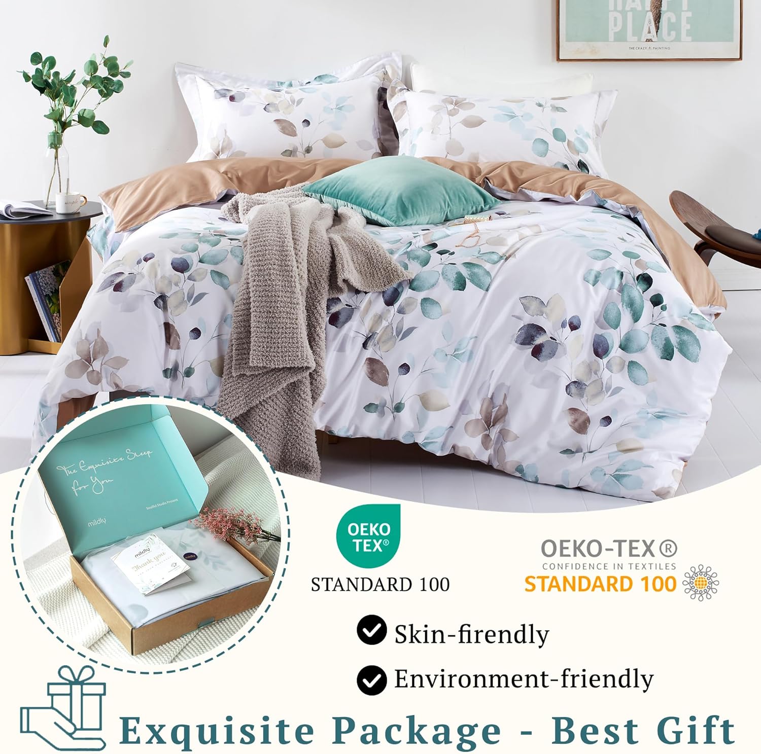 MILDLY 100% Long-Staple Cotton Duvet Cover Set Teal Blue Green Leaf Pattern Printed Comforter Cover 3pcs, Ultra Soft & Breathable Bedding Set