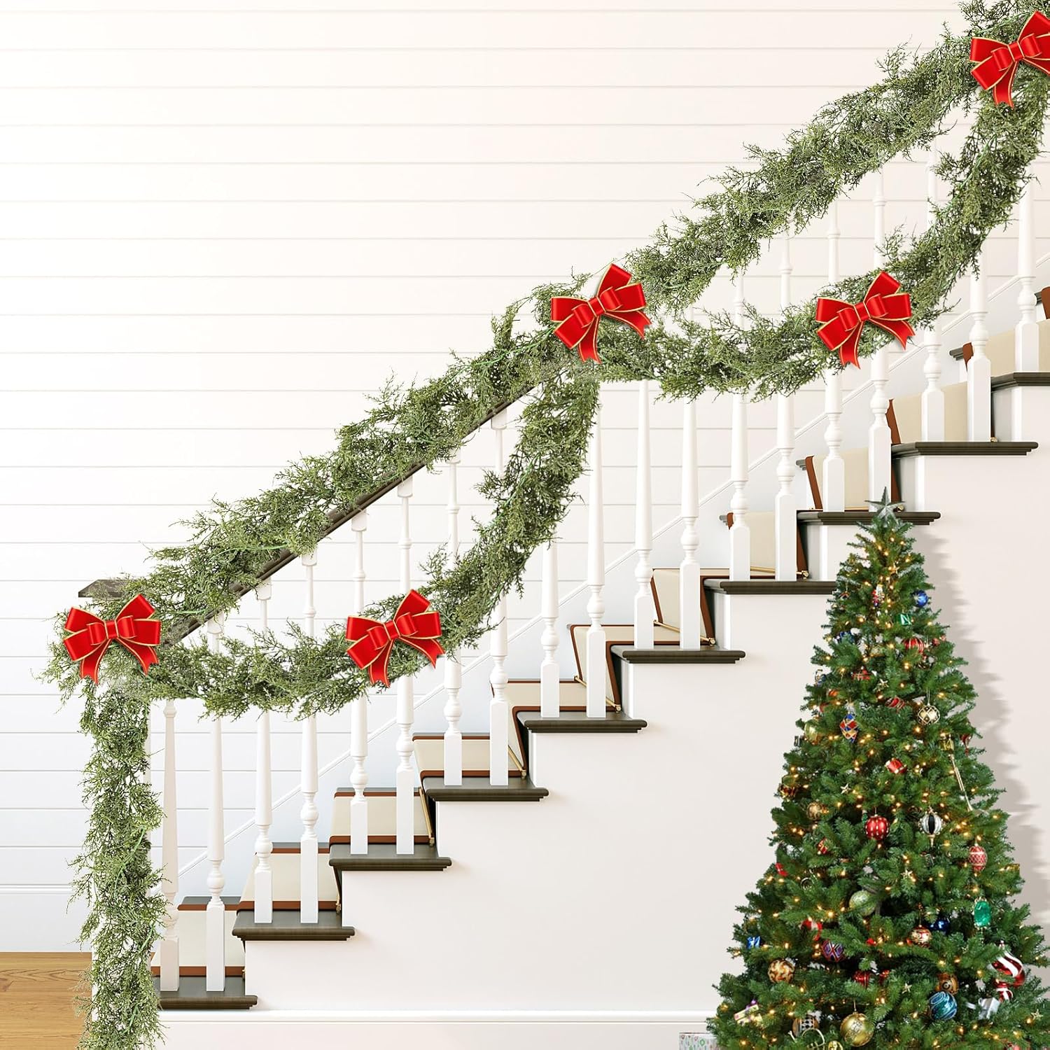12 Pcs 5.6ft Artificial Christmas Garland Faux Cedar Cypress Garlands Realistic Leaves Hanging Greenery Plant for Christmas Table Fireplace Wall Mantle Indoor Xmas Decor
