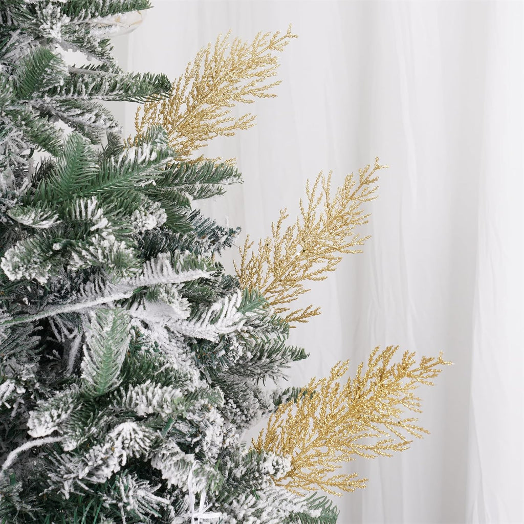 Christmas Glitter Stems 24pcs Artificial Pine Tree Picks for Christmas Tree Ornaments fillers, DIY Xmas Wreath, Crafts, Garland, Holiday, Party, Wedding and Home Decoration(Gold)