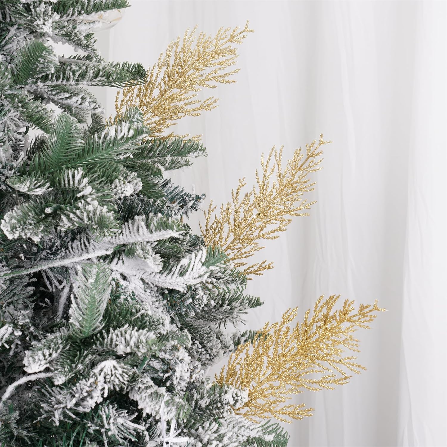 Christmas Glitter Stems 24pcs Artificial Pine Tree Picks for Christmas Tree Ornaments fillers, DIY Xmas Wreath, Crafts, Garland, Holiday, Party, Wedding and Home Decoration(Gold)