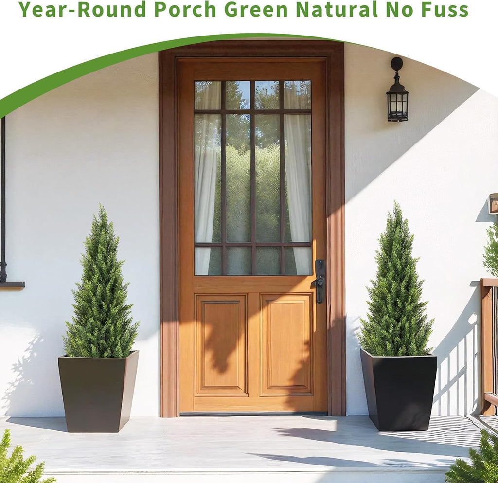 4FT Artificial Cedar Christmas Topiary Trees Set of 2 - Realistic Faux Cypress Plants UV Resistant for Outdoor Planter, Fake Bushes & Shrubs for Porch Front Door Outside UV Rated, 4 Feet Tall, 2 Pack