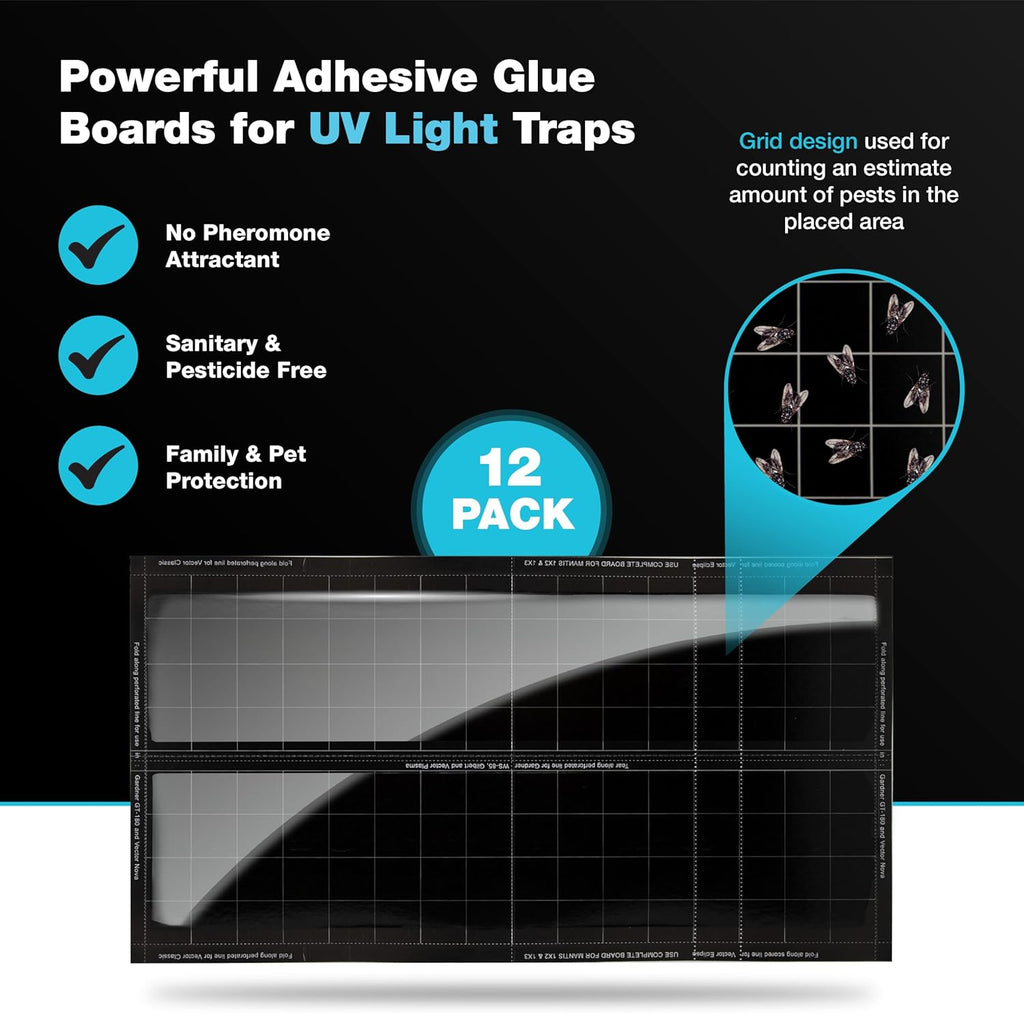Catchmaster Vector Universal Replacement Glue Boards White, UV Light Fly Trap for Home, Unscented Gnat Traps for House, UV Lamp Insect & Mosquito Killer Refill, Adhesive Bug Light Boards, 12-Pack