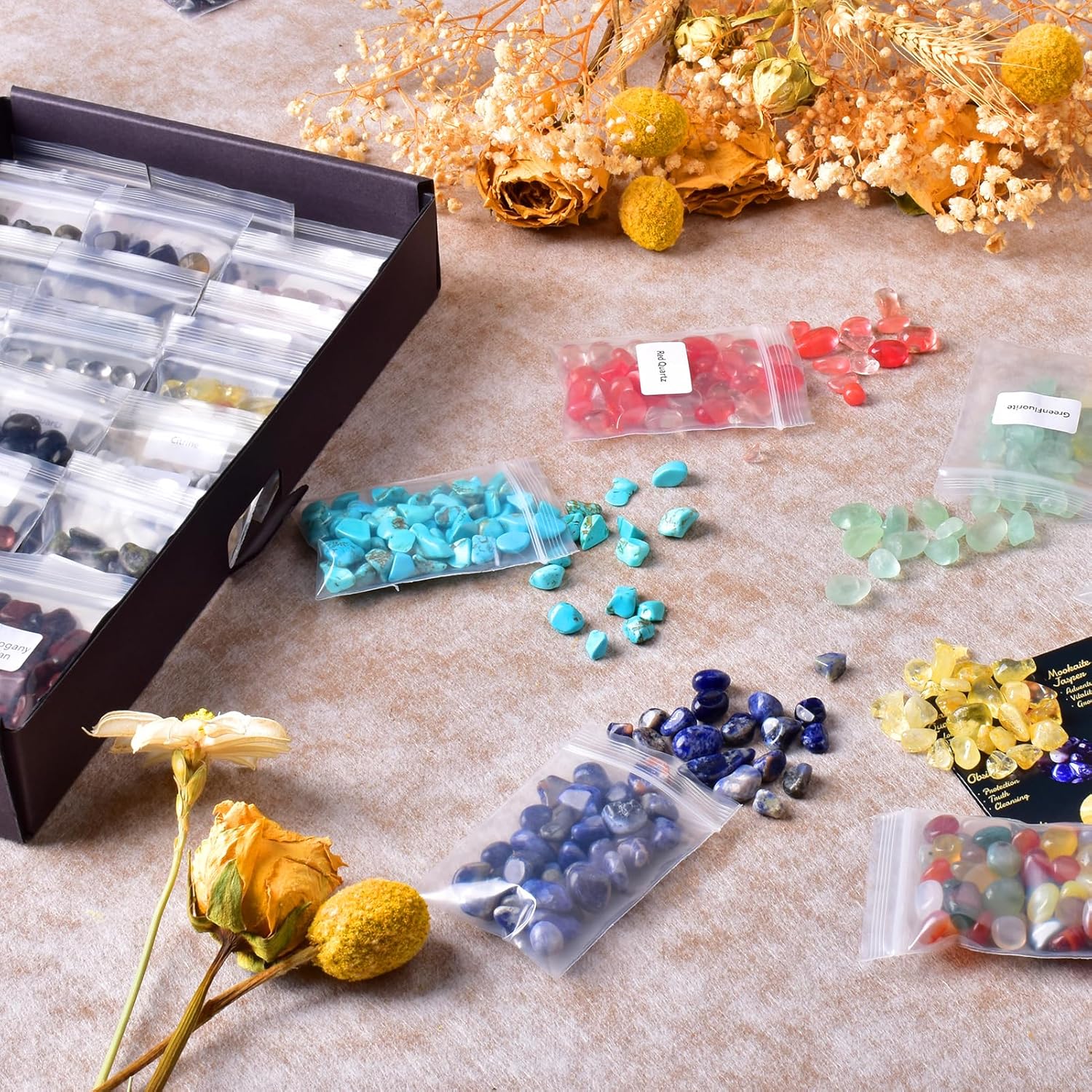 Polished Healing Crystal Chips & Stones Set – 36 Different Natural Gemstone Types, 2.5 lbs 0.3" Tumbled Decorative Rocks Collection for Chakra, Meditation, Reiki, Energy Work, Crafts, Gifts