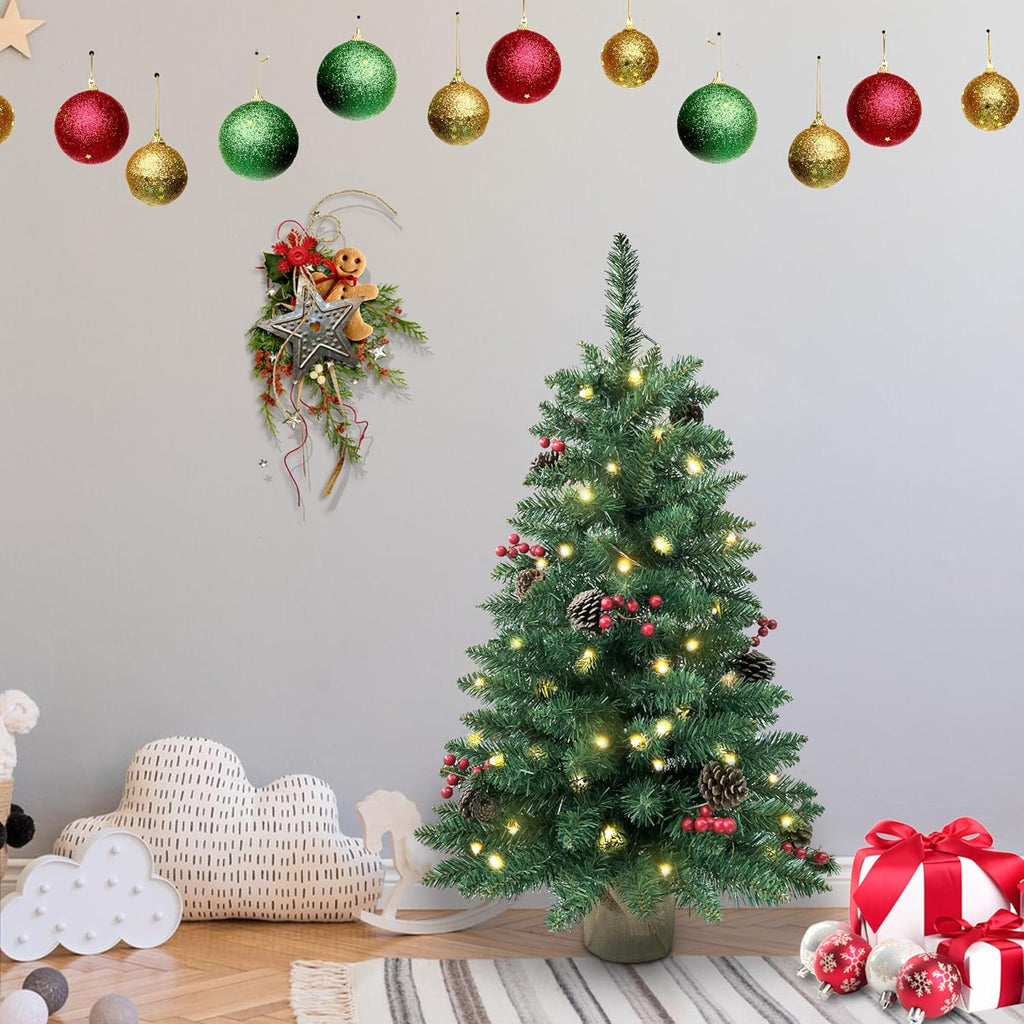 3ft Pre-lit Mini Christmas Tree,Artificial Pine 121 PVC Branches Tips with 11 Red Berries & 11 Pinecone & 70 LED String Lights & Burlap Wrapped Base Decor Xmas Tree for Tabletop,Battery Operated