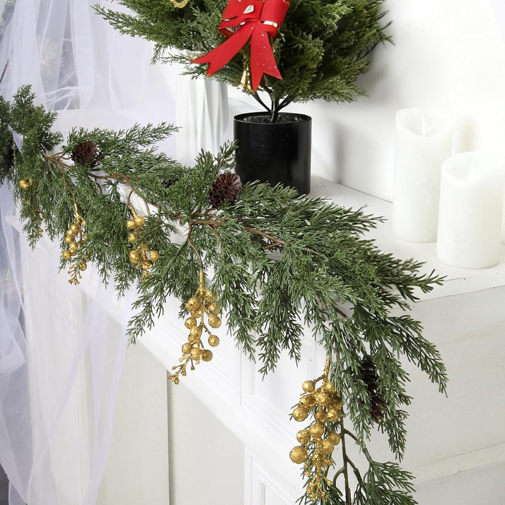 SJL Realistic Winter Greenery Garland Faux Christmas Garland with Gold Berry Pine Needle Greenery Artificial Cedar Cypress Garlands for Fireplace Mantel Stairs Table Porch Holiday Christmas Decor
