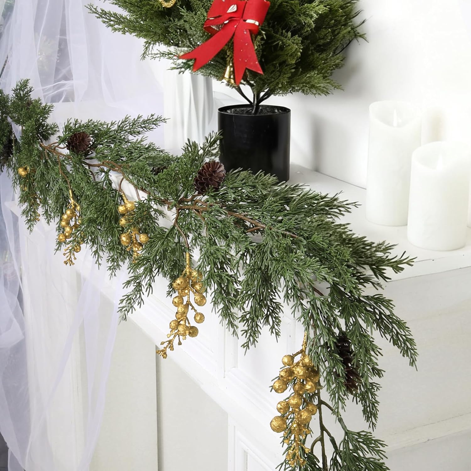 SJL Realistic Winter Greenery Garland Faux Christmas Garland with Gold Berry Pine Needle Greenery Artificial Cedar Cypress Garlands for Fireplace Mantel Stairs Table Porch Holiday Christmas Decor