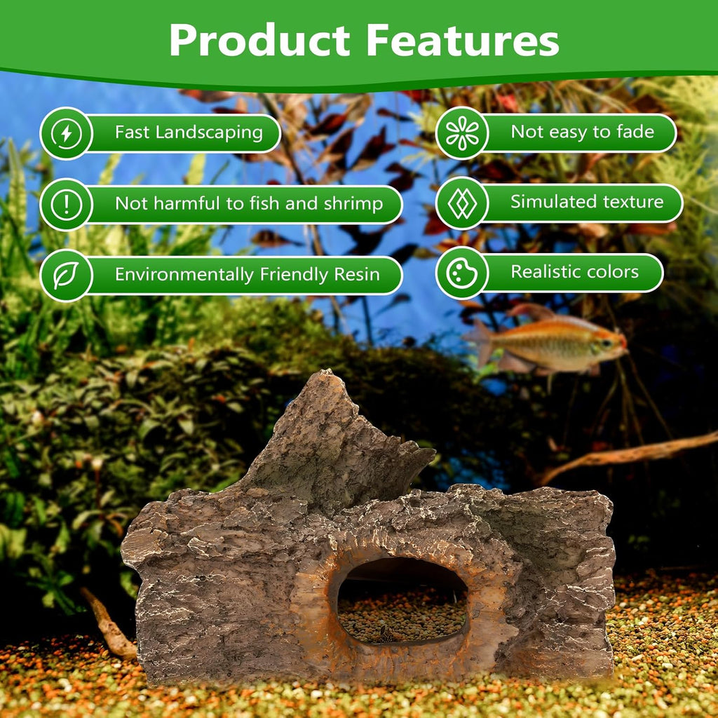 Bark Aquarium Decoration Resin-Realistic Wood Texture Fish Tank Ornament with Hiding Spot for Bottom Fish-Approx. 7.5" L x 4.7" W x 3.9" H(Bark)