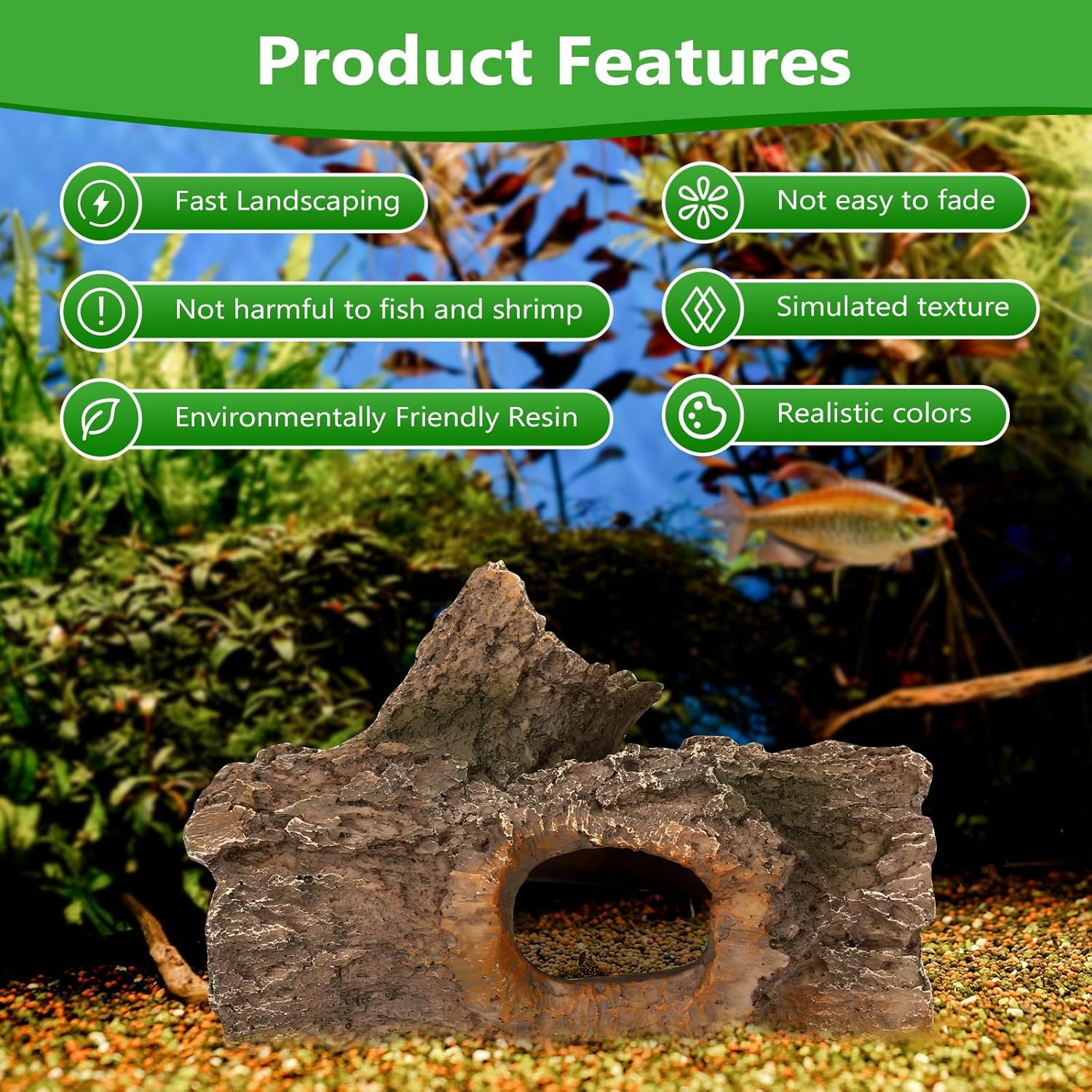 Bark Aquarium Decoration Resin-Realistic Wood Texture Fish Tank Ornament with Hiding Spot for Bottom Fish-Approx. 7.5" L x 4.7" W x 3.9" H(Bark)