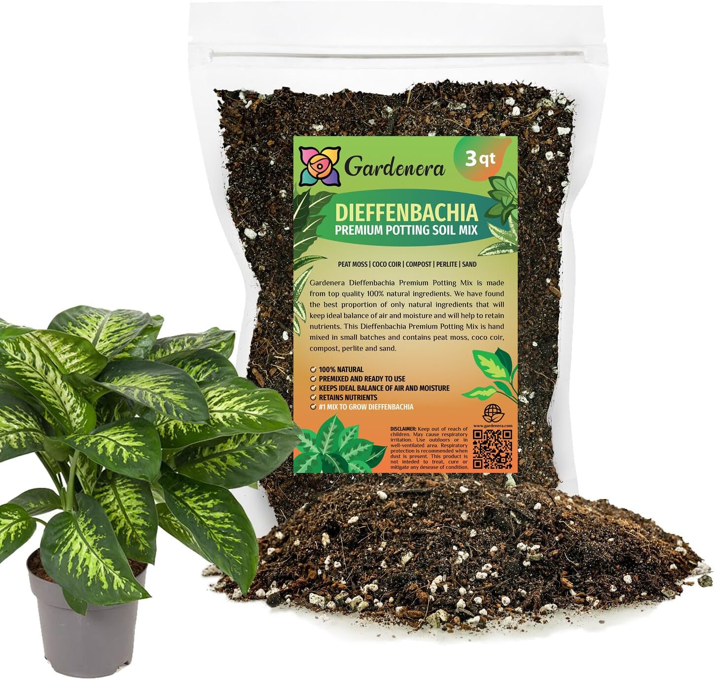Gardenera Premium DIEFFENBACHIA Potting Soil Mix - Ideal for Growing Robust and Healthy Dieffenbachia - 3 Quart