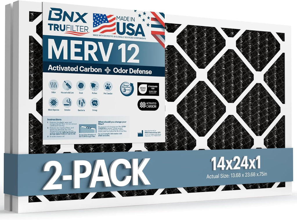 BNX TruFilter 14x24x1 MERV 12 Odor Defense (2-Pack) AC Furnace Air Filter with Activated Carbon - MADE IN USA - Pleated Air Conditioner HVAC AC Furnace Filters - Removes Odor, Mold, Bacteria, Smoke