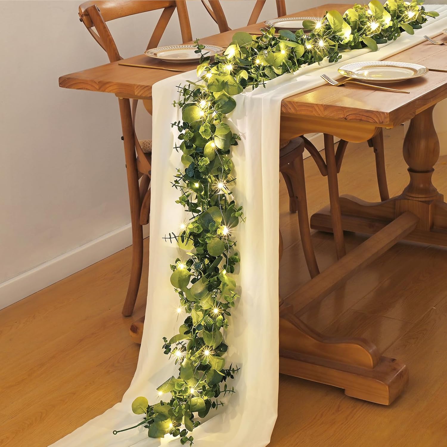 Dolicer 6 Packs 6FT Artificial Eucalyptus Garland with LED Light String, Faux Greenery Garland Hanging Fake Silver Dollar Eucalyptus Leaves Vines for Wedding Backdrop Arch Table Wall Party Home Decor