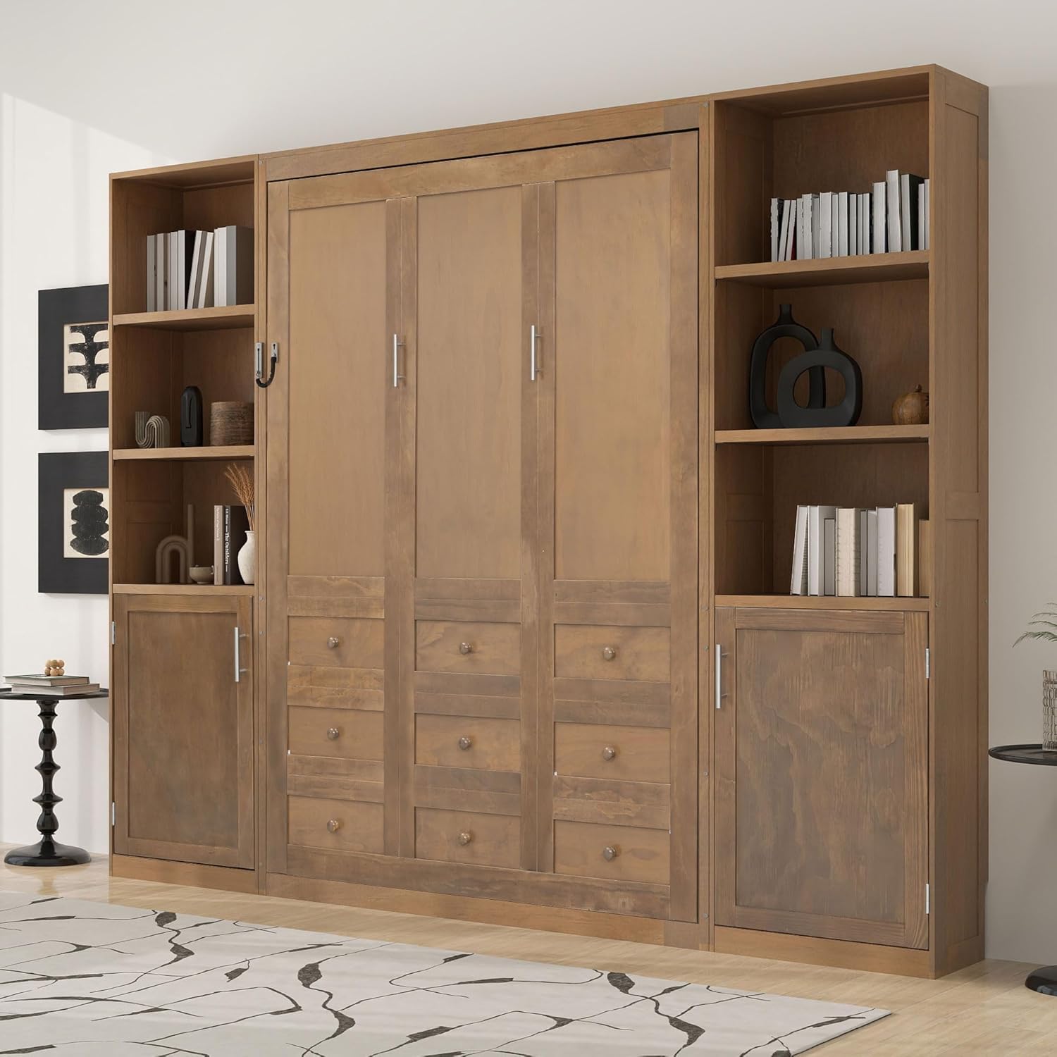 MERITLINE Queen Farmhouse Murphy Bed with Storage Bookcase Shelves and Cabinets, Solid Wood Foldable Hidden Vertical Murphy Wall Bed with Storage for Adults