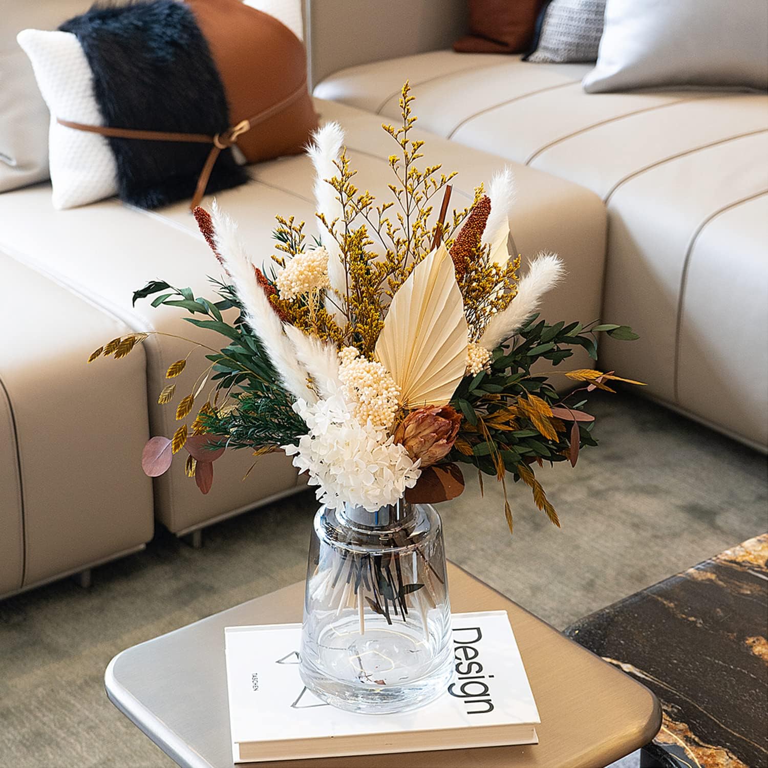 Natural Dried Flower Bouquet - Pampas Grass Decor, Fall Floral Arrangements with Eucalyptus, Plams, Hydrangea, Rustic Bouquet for Vase, Boho Table Centerpiece, Bohemia Home Wedding Decoration