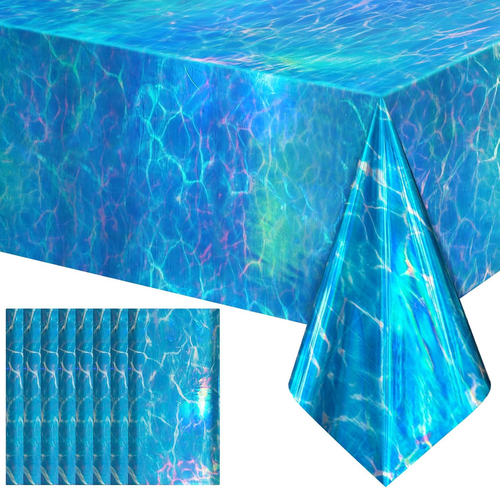 8 Pack Ocean Waves Holography Tablecloth, 54 x 108” Blue Sea Design, Waterproof Disposable Plastic Table Cover for Beach, Pool, Under The Sea, and Birthday Party Decorations