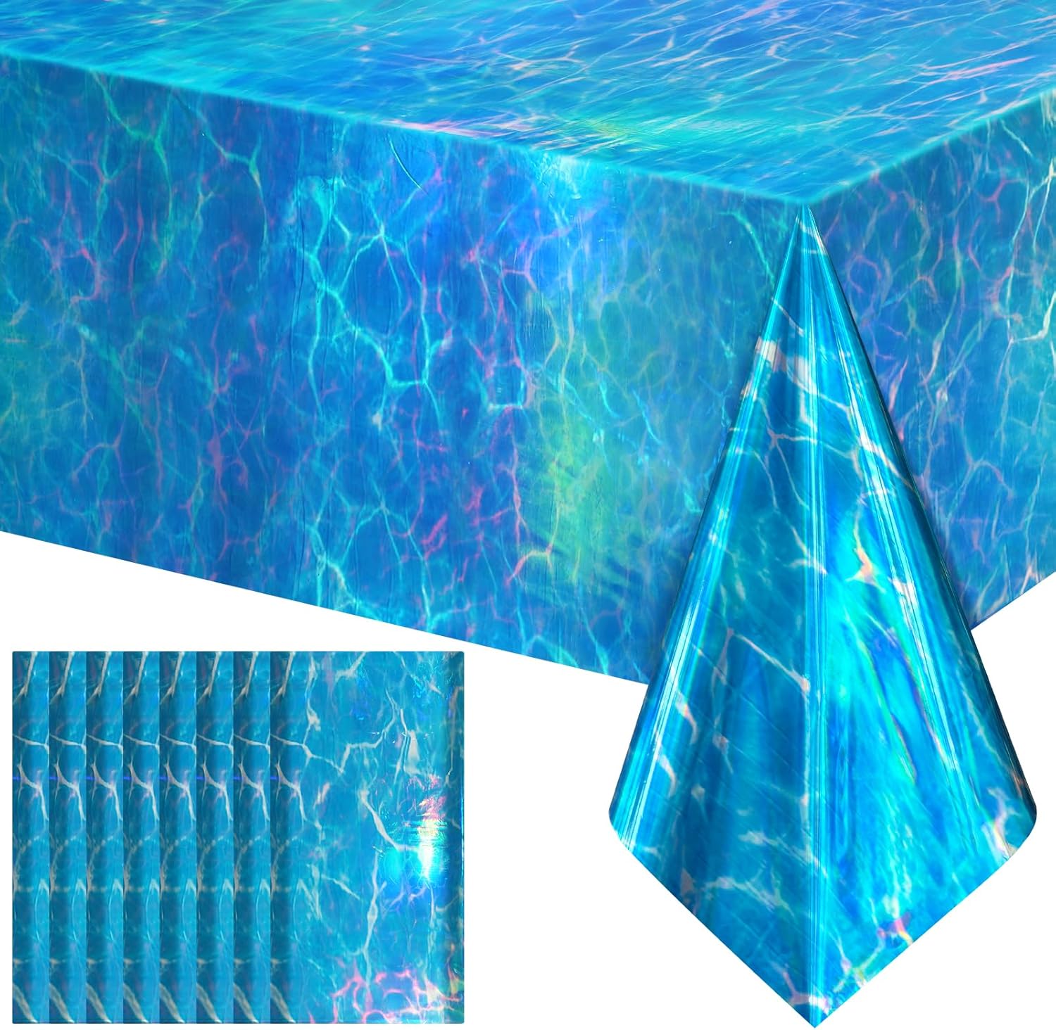 8 Pack Ocean Waves Holography Tablecloth, 54 x 108” Blue Sea Design, Waterproof Disposable Plastic Table Cover for Beach, Pool, Under The Sea, and Birthday Party Decorations