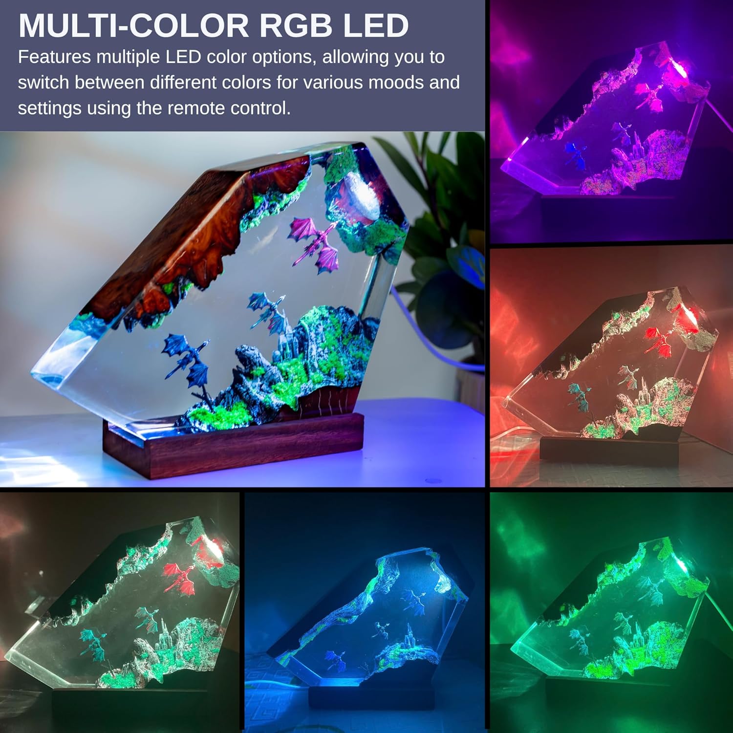 Dragon Resin Lamp – Resin Art Night Light with 16 Color LED, USB Powered Dragon Desk Lamp with Wooden Base & Remote,Handmade Gift for Christmas, New Year