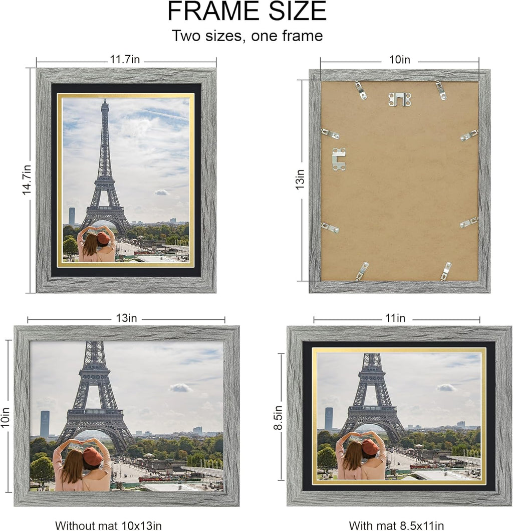 10x13 Picture Frame Set of 4, Made of Real Glass and Grey Frame, 10 by 13 Photo for Wall or Tabletop - Display Picture 8.5x11 with Mat or 10x13 Without Mat