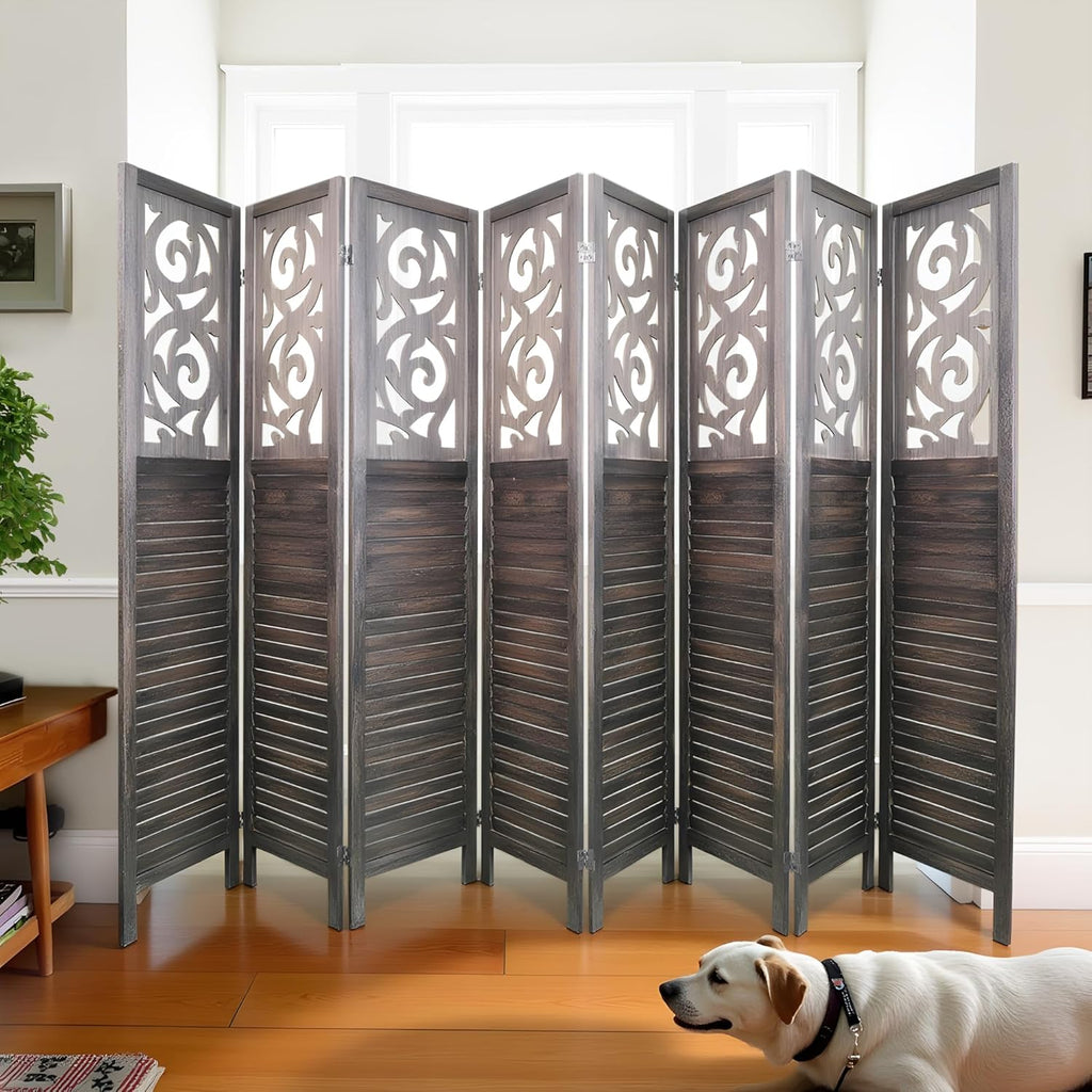 8 Panel Room Dividers 6FT Wall Divider Carved Wood Room Separator Folding Privacy Screens Cutout Design Foldable Partition Wall for Office Restaurant, Studio Apartment, Rustic Brown