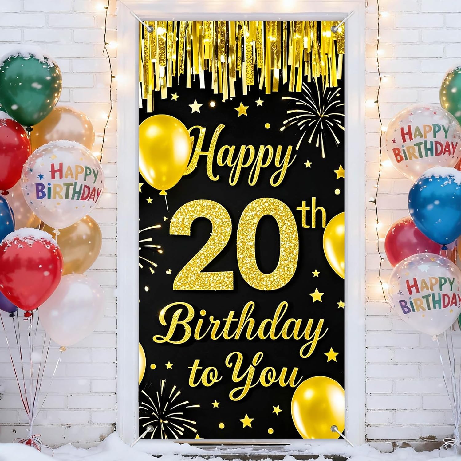 IVN 20th Birthday Door Cover 71x35 Inch Black Gold Birthday Banner for Party Decorations Balloons Stars Fireworks Backdrop Sign for Men Women Photo Booth Prop Wall Decor