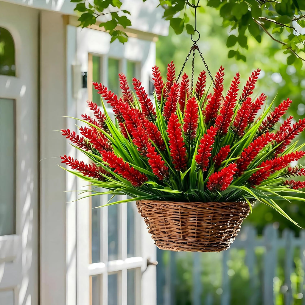 Geegoods Artificial Red Lavender Flowers for Outdoors – 24 Bundles UV Resistant Fake Flowers with Monkey Grass, Realistic Artificial Plants Outdoor for Garden, Patio, Porch, Window Box & Home Décor
