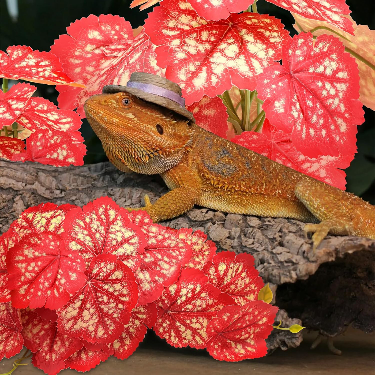 2 Pack Reptile Plants for Terrarium, Artificial Leaves Habitat Decorations with Suction Cups, Terrarium Hanging Plants Vines for Bearded Dragons Lizards Snake Geckos Frogs - Red