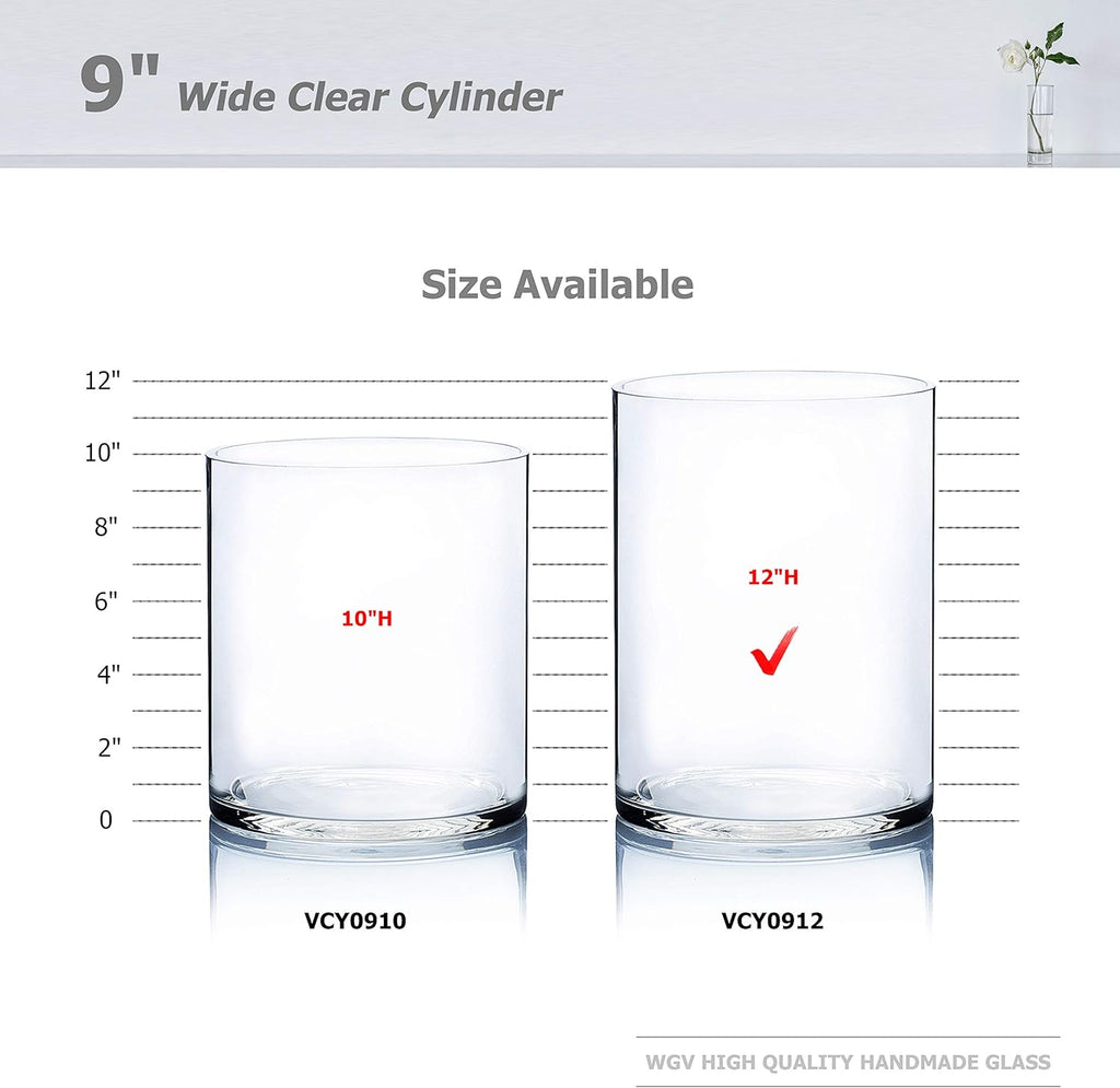 WGV Cylinder Vase, Width 9", Height 12", Clear Wide Large Diameter Flower Glassware, Floral Container, Planter Terrarium for Wedding Party Event, Home Accent Decor, 1 Piece