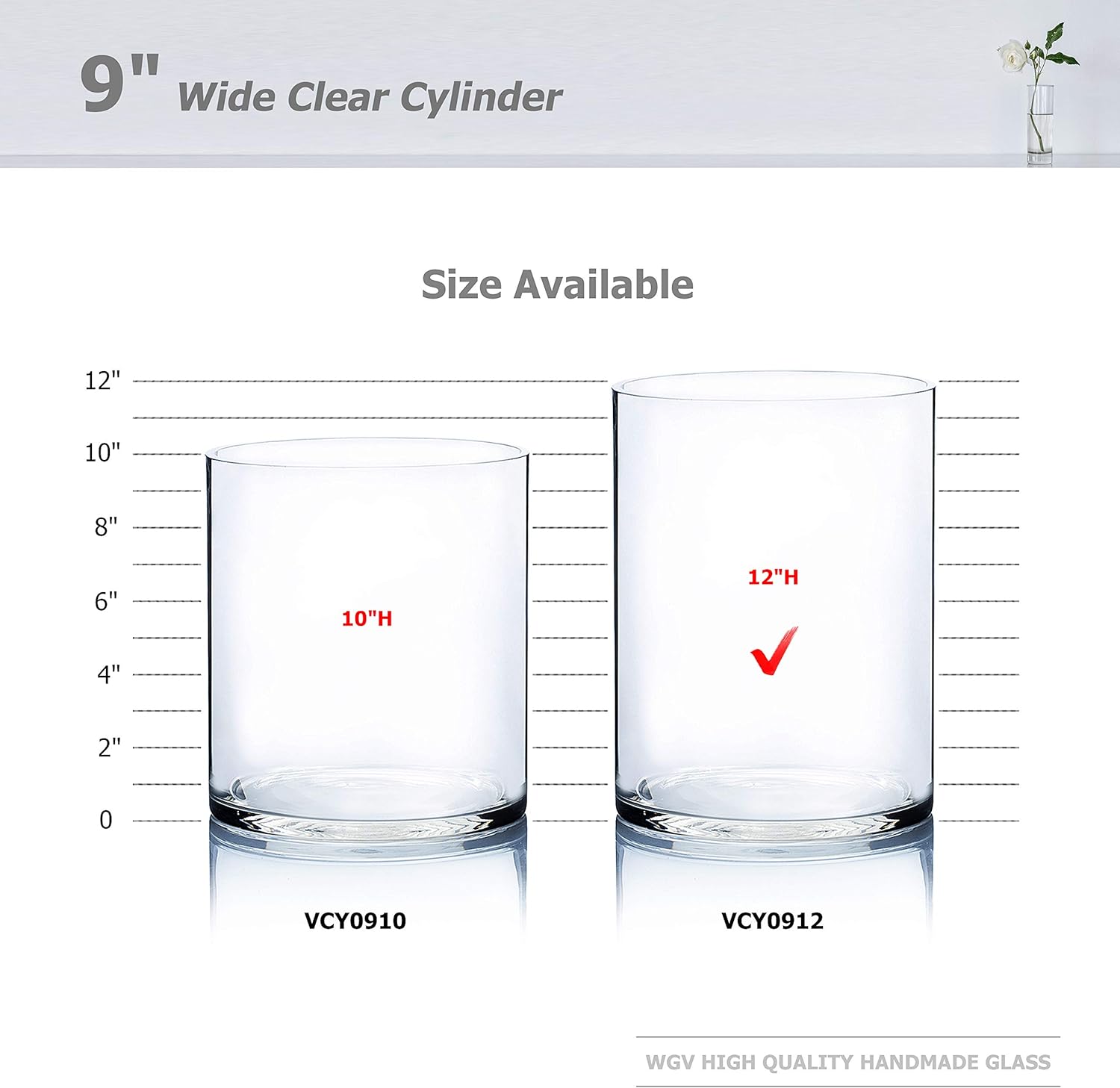 WGV Cylinder Vase, Width 9", Height 12", Clear Wide Large Diameter Flower Glassware, Floral Container, Planter Terrarium for Wedding Party Event, Home Accent Decor, 1 Piece