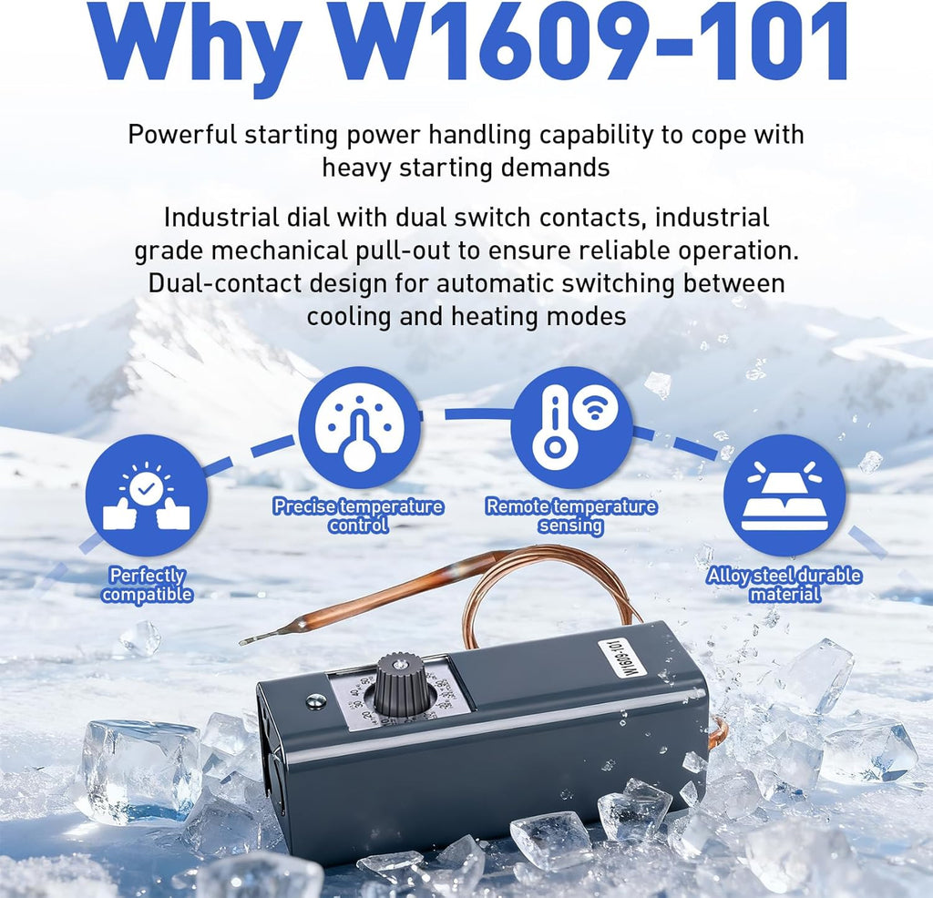 W1609-101 Refrigeration Thermostat Temperature Controller Remote Control Bulb TH-1609, 5FT Capillary Length, -30 to +90 Degrees Fahrenheit, -34 to +32 Degrees Celsius, °C and °F Dual Temperature dial