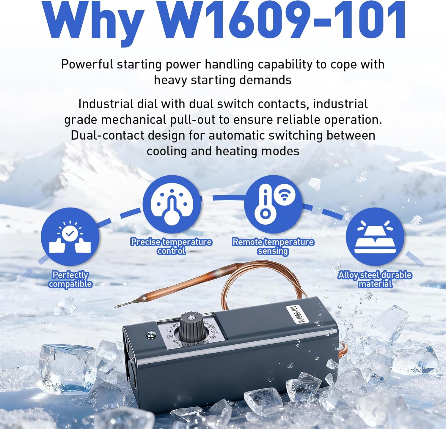 W1609-101 Refrigeration Thermostat Temperature Controller Remote Control Bulb TH-1609, 5FT Capillary Length, -30 to +90 Degrees Fahrenheit, -34 to +32 Degrees Celsius, °C and °F Dual Temperature dial