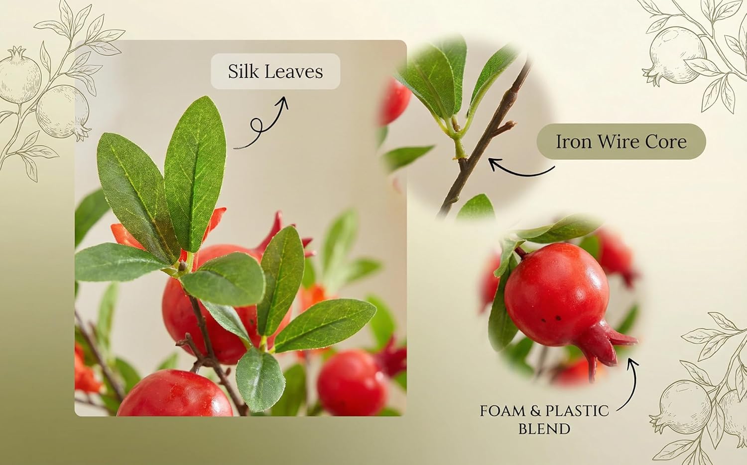 4 Pcs 37" Faux Pomegranate Berries Bouquet - Realistic Artificial Rosehip Berries Stems, Decorative Branches for Dining Table Centerpiece, Kitchen Home Party Floral Decor