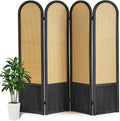Room Divider 4 Panels, Folding Privacy Screen, Foldable Wood Rattan Room Divider Panel, Portable Partition Screen, Wall Divider for Room Separation Bedroom Home Office Garden Terrace (Black)