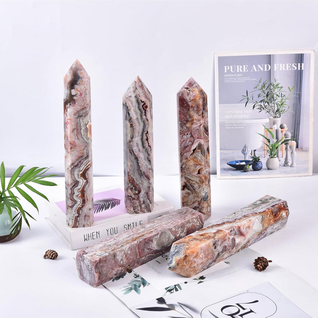 JIC Gem Natural Large Quartz Crystal Stone Striped Agate Gemstone Tower Point 6 Faceted Chrysocolla Crystal Healing Wand Reiki Chakra Decor 2.6-3.0 Lbs