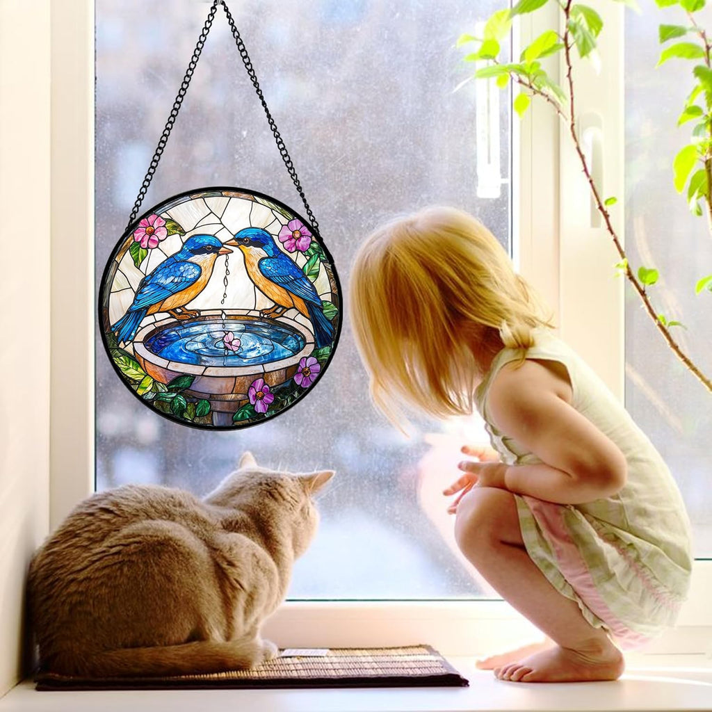 Stained Glass Window Hanging, 2 Blue Birds Suncatcher Diamond Glass Panel Hangings Bird Lover Sun Catchers Decor for Birthday for Women, Men, Wife, Aunt, and Mom 6.3 in