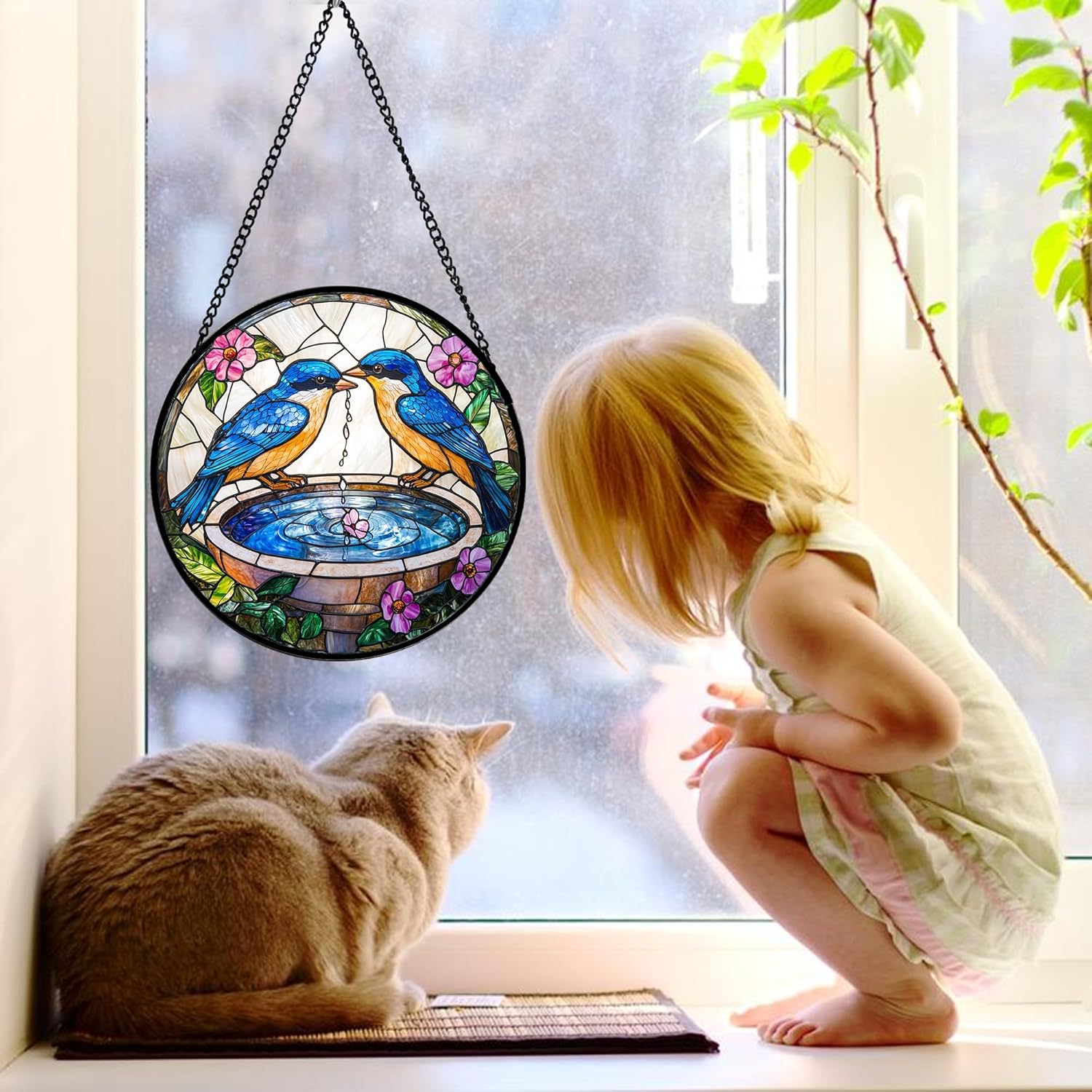 Stained Glass Window Hanging, 2 Blue Birds Suncatcher Diamond Glass Panel Hangings Bird Lover Sun Catchers Decor for Birthday for Women, Men, Wife, Aunt, and Mom 11.8x11.8 in