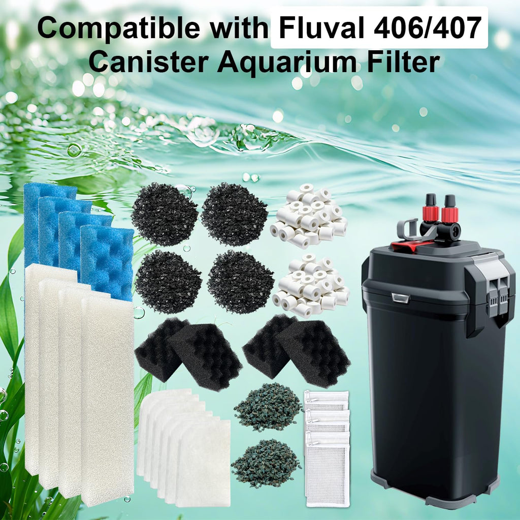 44-Piece Filter Media Kit Replacement for Fluval 406/407 Canister Filter - Includes Carbon, Ammonia-Absorbing Pad, Sponges（2 Sets）