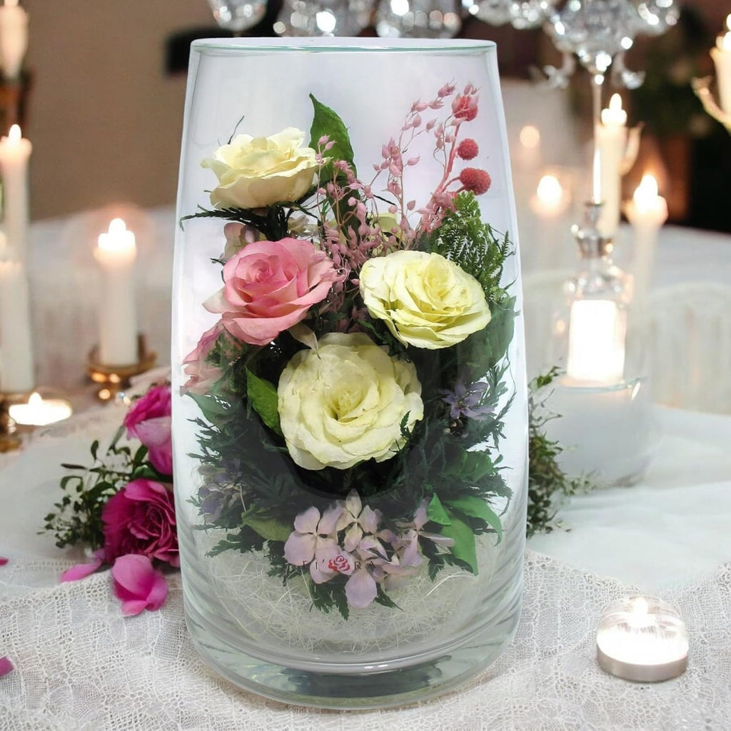 Fiora Flower | Preserved Roses & Floral Arrangement in Sealed Glass Vase | Lasts up to 5 Years | Elegant Gift for Weddings, Birthdays, and Anniversaries (Peach)