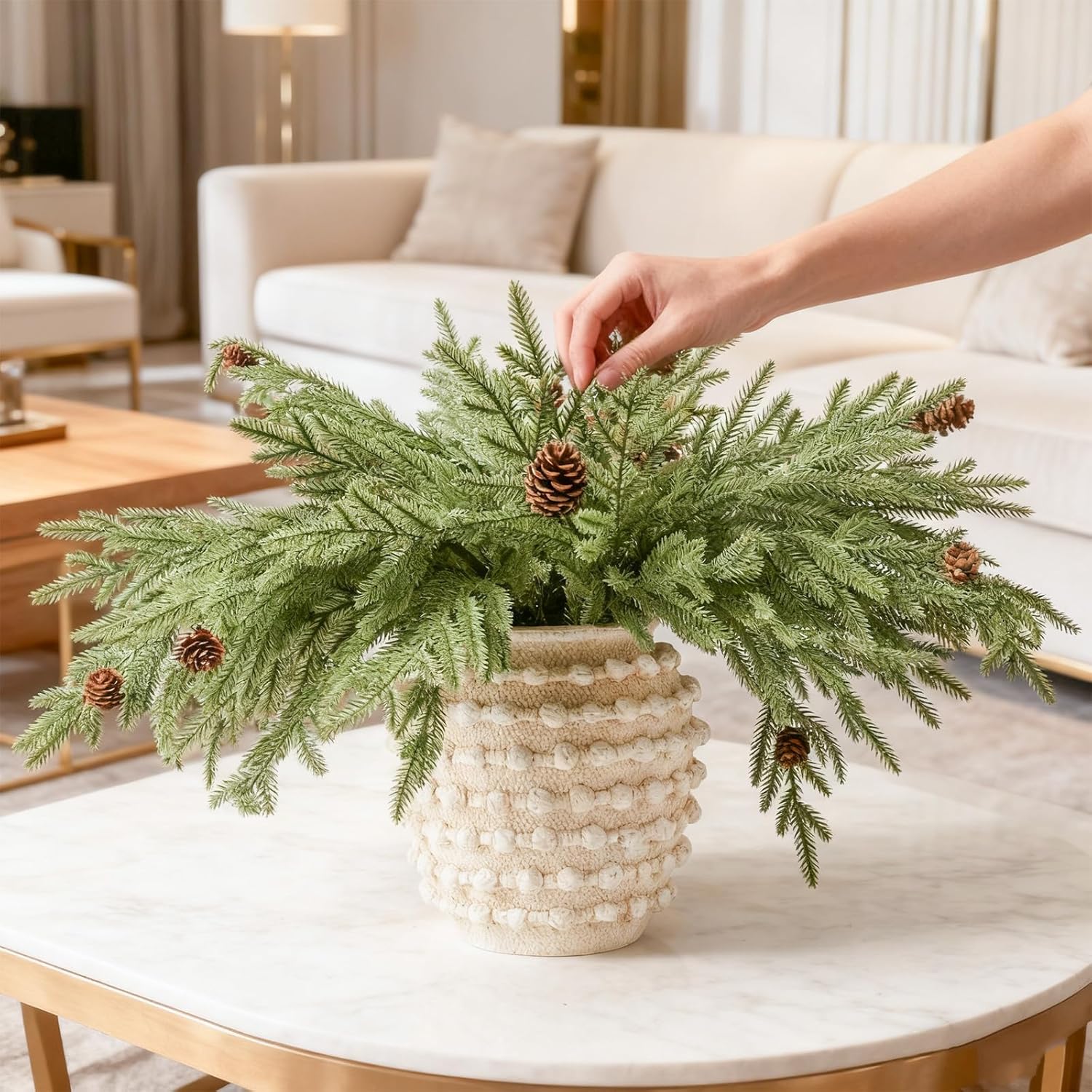 DN DECONATION Artificial Christmas Norfolk Pine Stems, Faux Pine Branches with Cones 22.4" 6PCS - Real Touch PE Greenery Fake Pine Needles for Vase Arrangements, Winter, Indoor Outdoor Home Decor