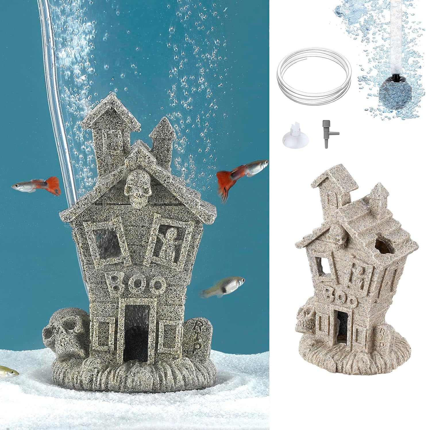 Carefree Fish Aquarium Haunted House Halloween Ghost Bubbler Decor Fish Hide-Out Ornament with 3Ft Tubing and Tiny Air Stone（No Included Air Pump